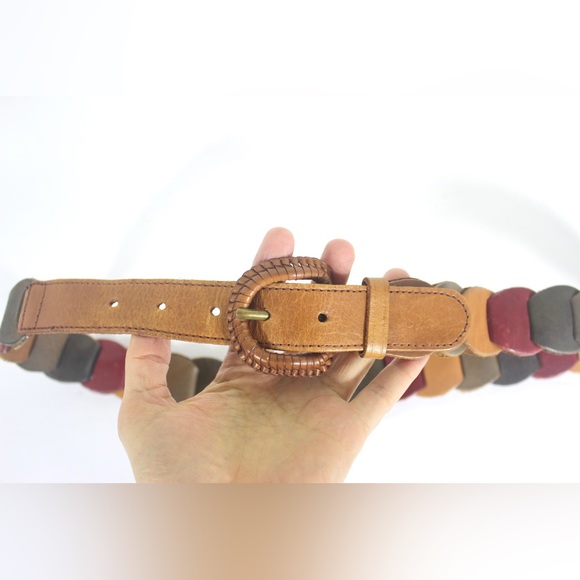 Vintage Multicolour Leather Link Belt Faded Colours Red Tan Green Blue Woven - Picture 6 of 8